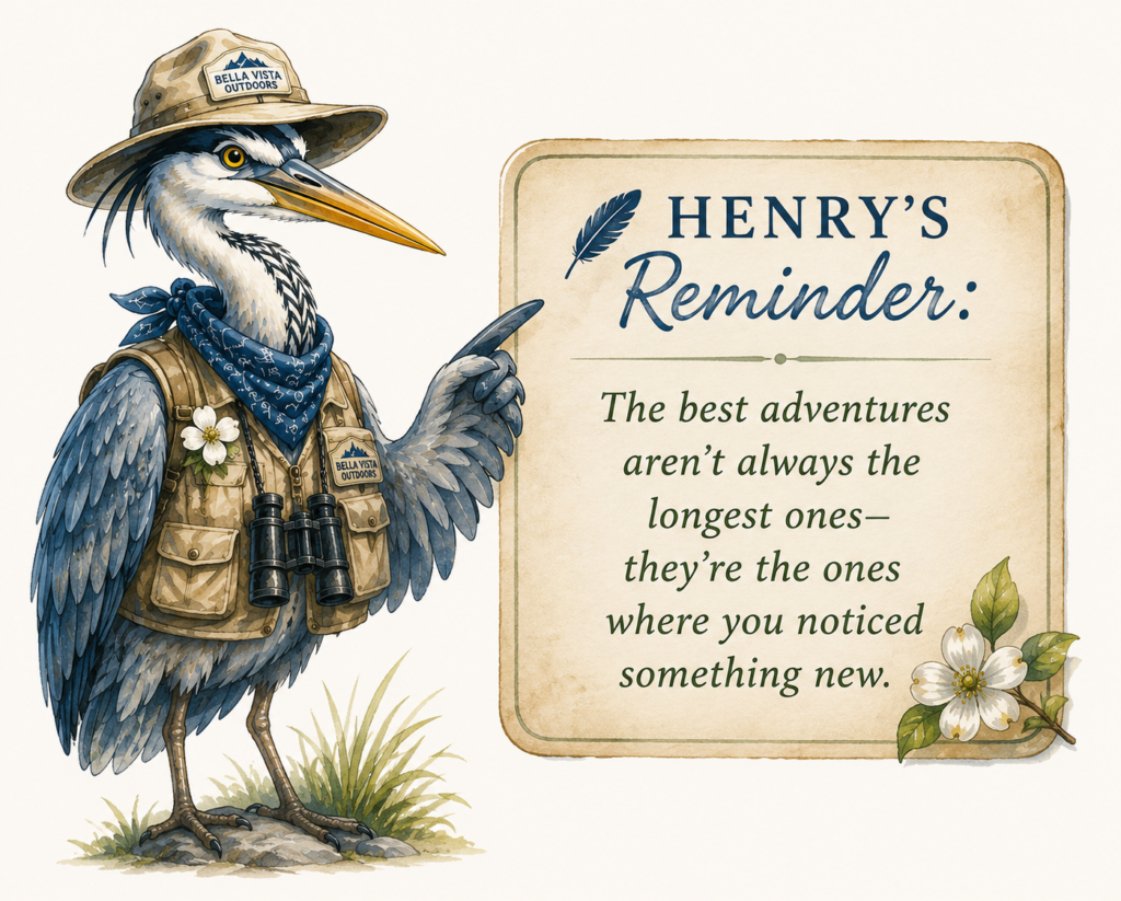 Henry the Blue Heron sharing his outdoor reminder to slow down and notice nature.